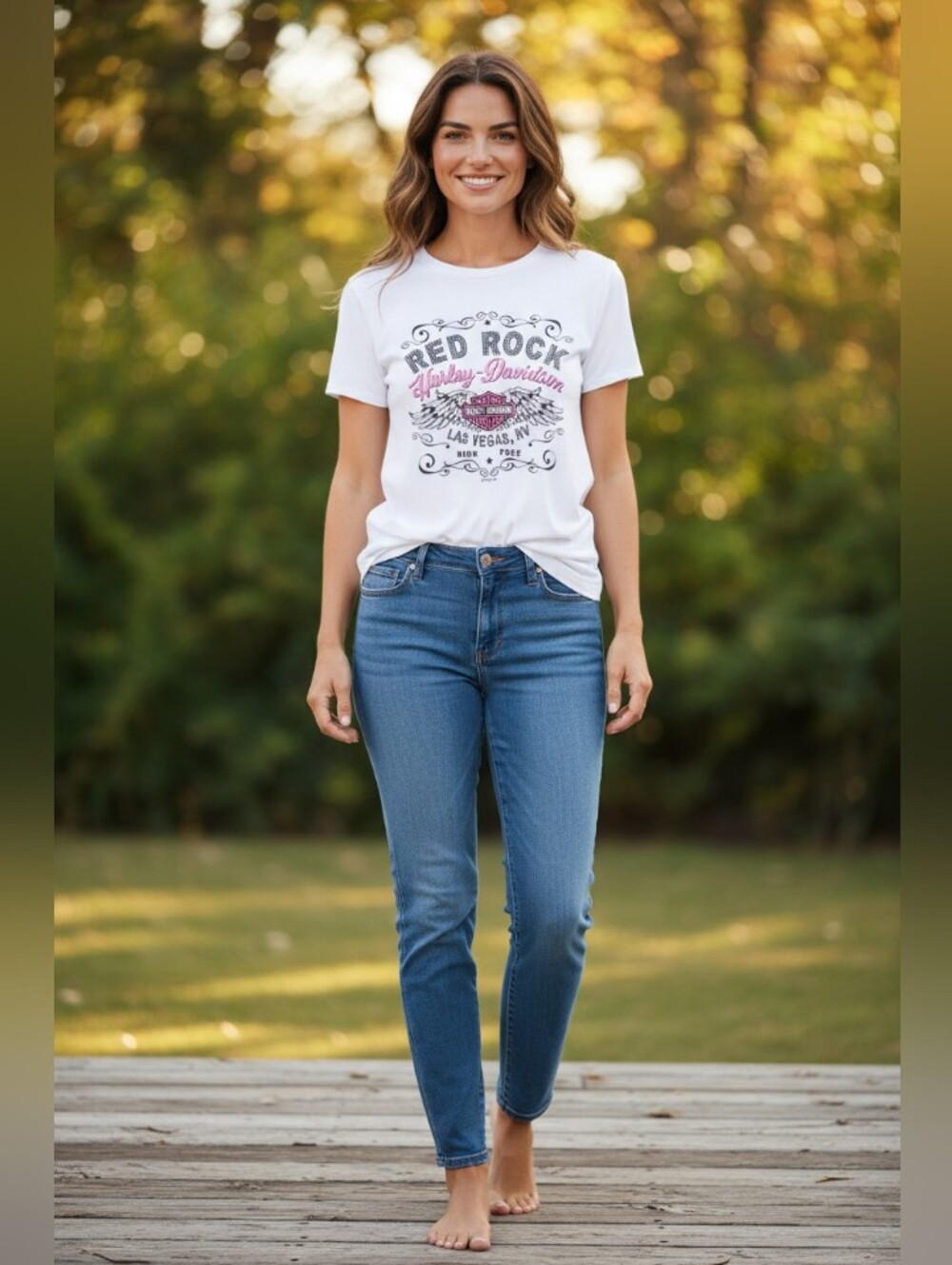 Harley-Davidson White Tee with Red Rock Pink Script Graphic